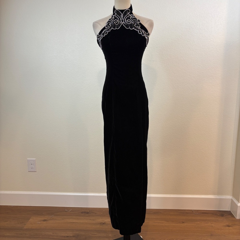 Zum Zum Velvet Maxi Dress Women 3-4 Black Beaded Halter Vintage Gown Whimsigoth - Picture 2 of 9